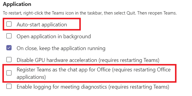 Uncheck the options Register Teams as the chat app for Office and Auto-start application under the General tab.