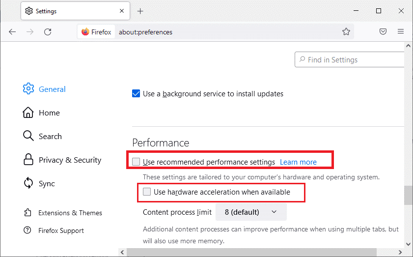 Uncheck the options Use recommended performance settings and Use hardware acceleration when available