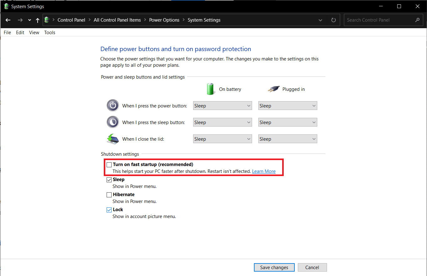 Uncheck the Turn on fast startup option option. Fix Windows 10 Sleep Mode Not Working