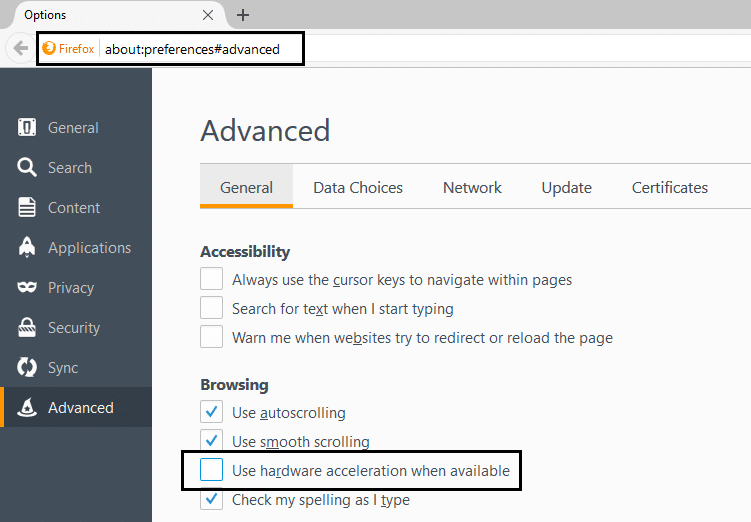 uncheck use hardware acceleration when available in firefox