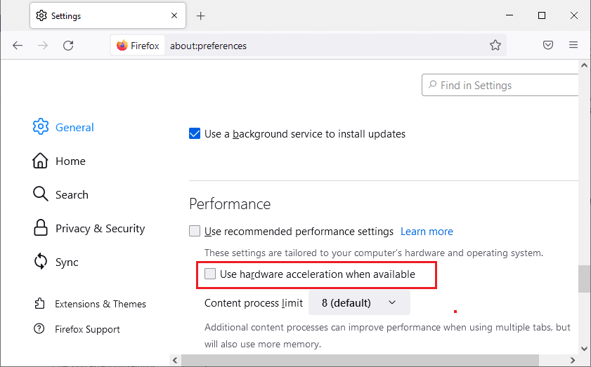 Uncheck Use hardware acceleration when available option. How to Fix Firefox Not Loading Pages