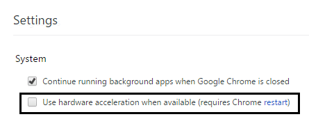 uncheck use hardware acceleration when available in google chrome