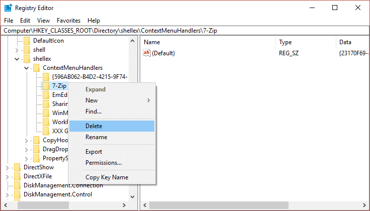 under ContextMenuHandlers right-click on each of the folder and select Delete