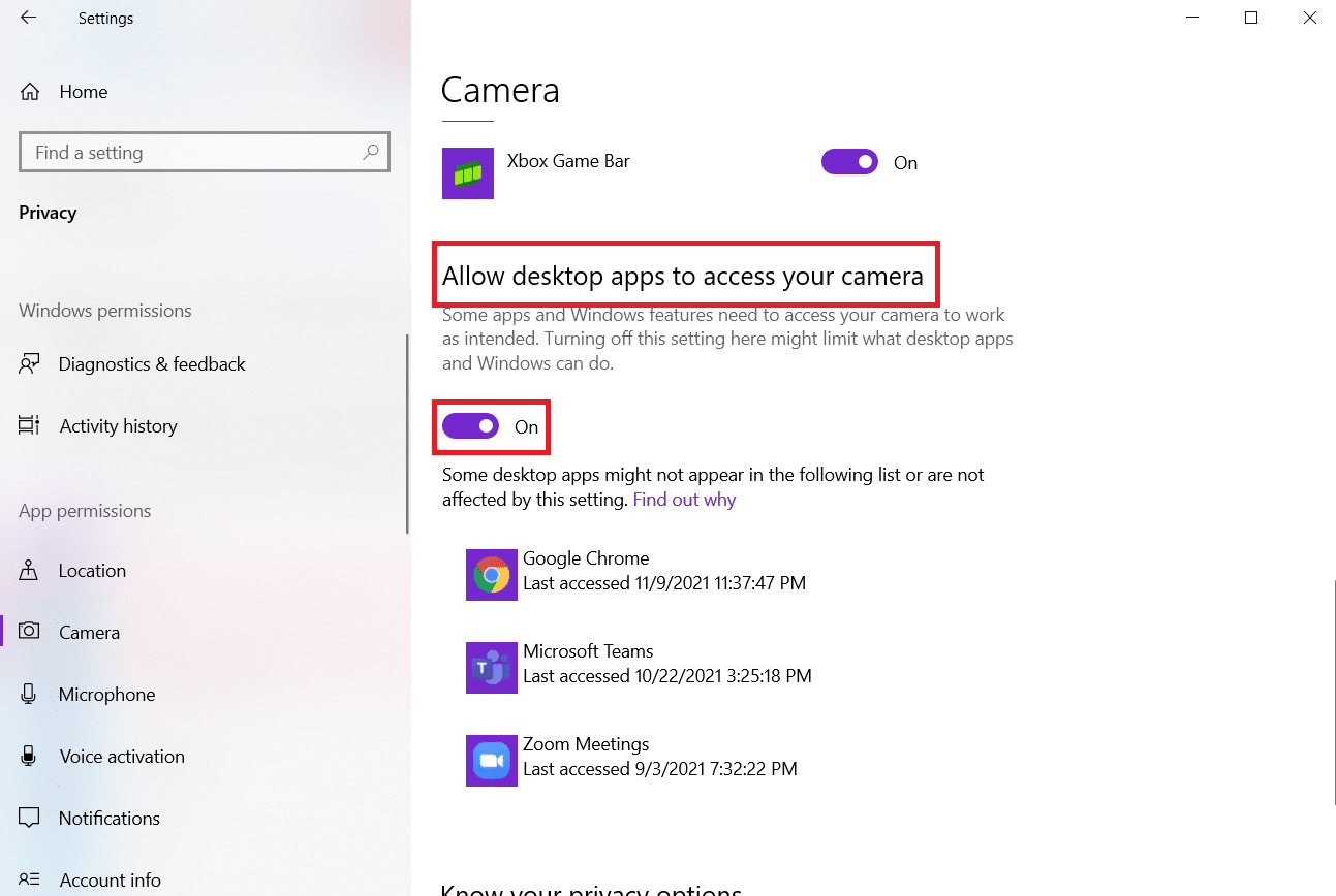Under Allow desktop apps to access your camera and toggle it to On. Fix Zoom is Unable to Detect a Camera