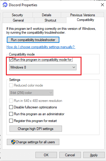 Under Compatibility mode, Check the box Run this program in compatibility mode for and choose the previous Windows version