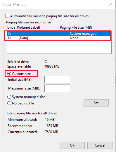 Under Drive, choose the drive on which Windows is installed and click Custom size. 