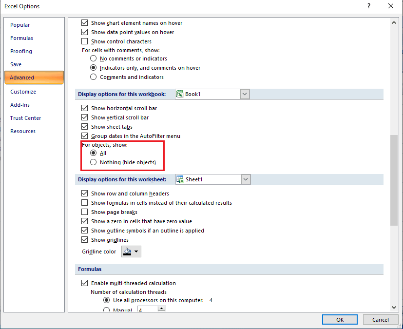 Under For objects, show: options select All. How to Fix Move Excel Column Error