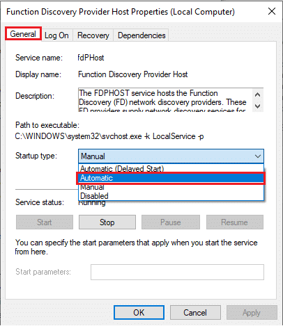 Under General tab, click Startup type menu and choose Automatic. Fix Computers Not Showing Up on Network in Windows 10