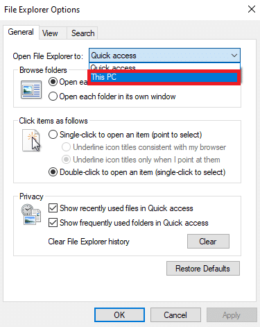 Under General tab, in the Open File Explorer to dropdown choose This PC