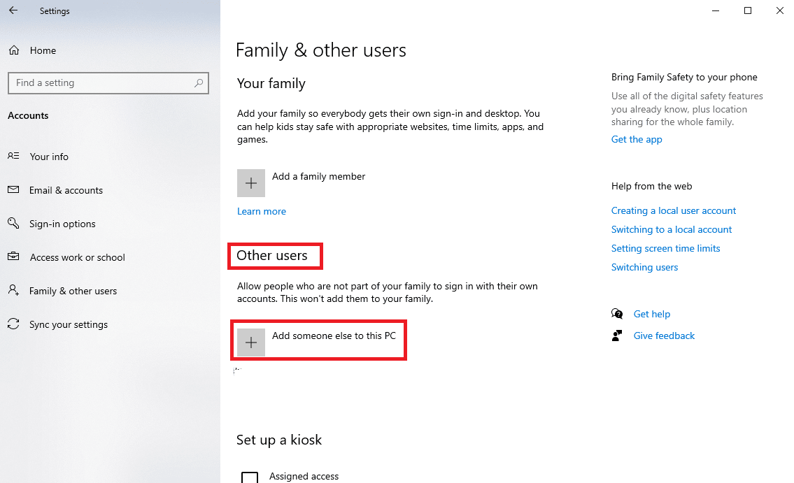 Under Other users options, locate and click on Add someone else to this PC