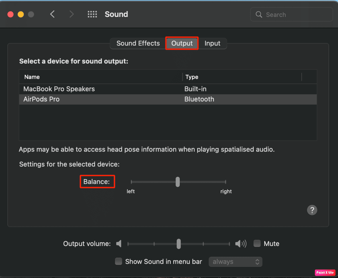 under output tab adjust balance slider 