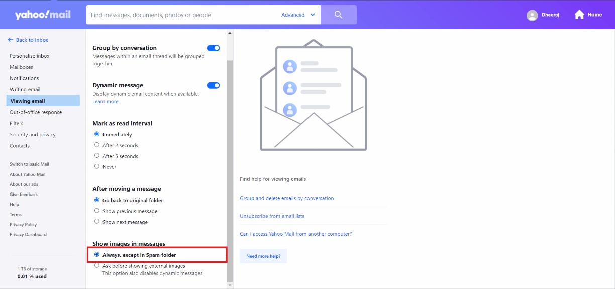 under Show images in messages, choose the option Always, except in spam folder.