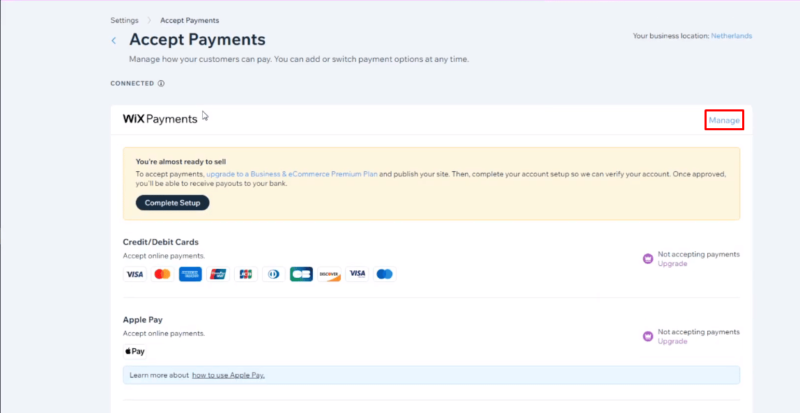 Under the Accept Payment menu, there will be a list of all the payment methods you have added to your account, from there select the payment method you have to remove and then Click on the Manage option next to it. | How Do You Delete a Wix Account