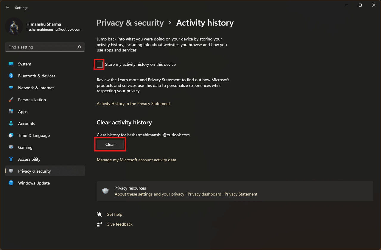click on Clear under the Clear activity history title