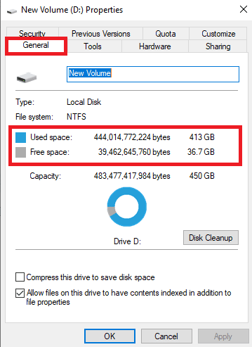 Under the General tab you can see the Disk space information