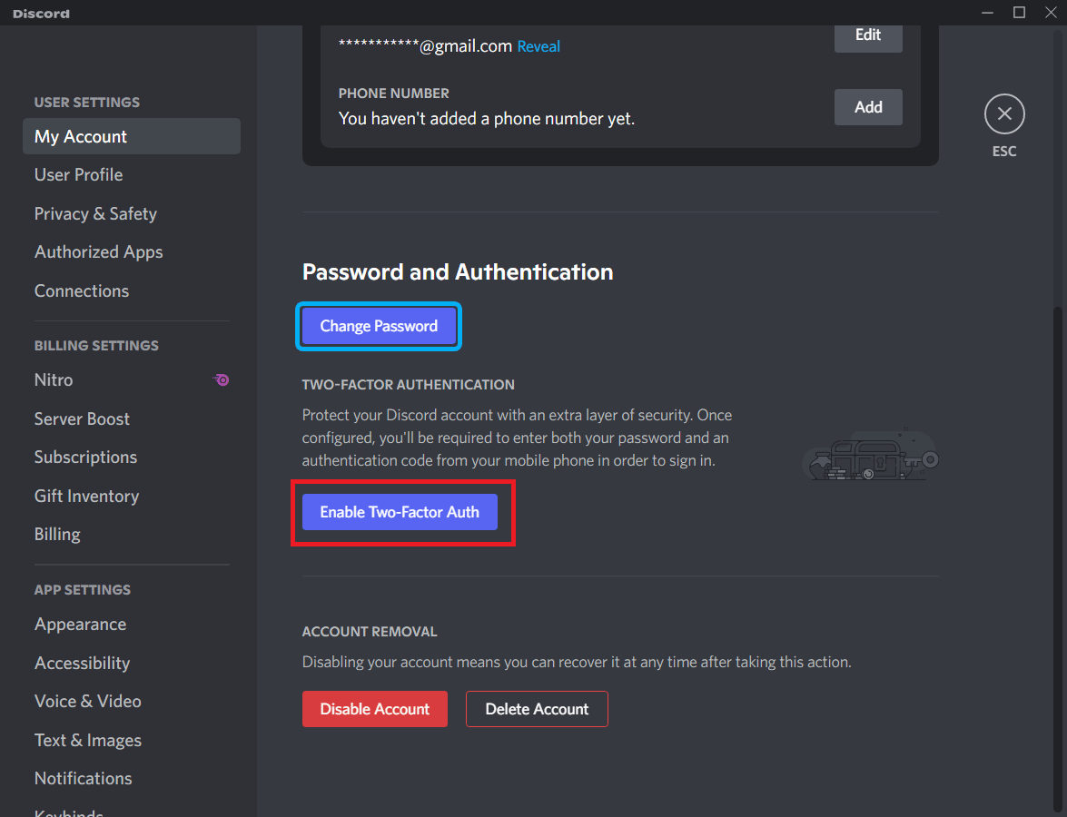 Under the Password and Authentication section, click on the Enable Two-Factor Auth button