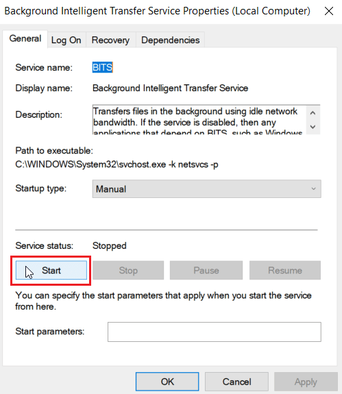 Under the service status section click on Start. Fix Error 0x800705b3 in Windows Update