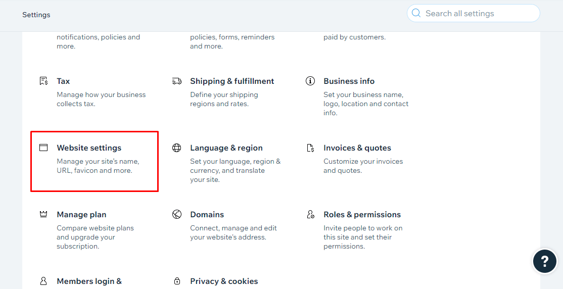 Under the settings tab, Click on the Website Settings option. 