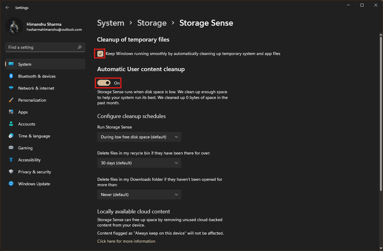 Under the Storage Sense section, check the box under Cleanup of temporary files and make sure the slider under Automatic User content cleanup is turned on | cache memory deletion process