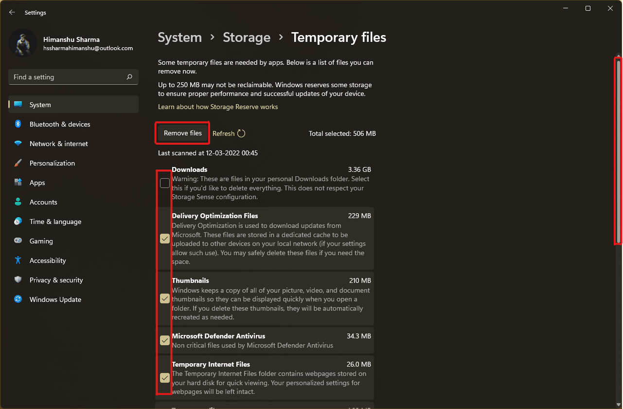 Click on the Remove files option to delete the cache files