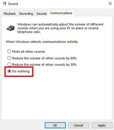 Under the When Windows detects communications activity options select the Do nothing option. How to Stop Skype from Muting Other Sounds