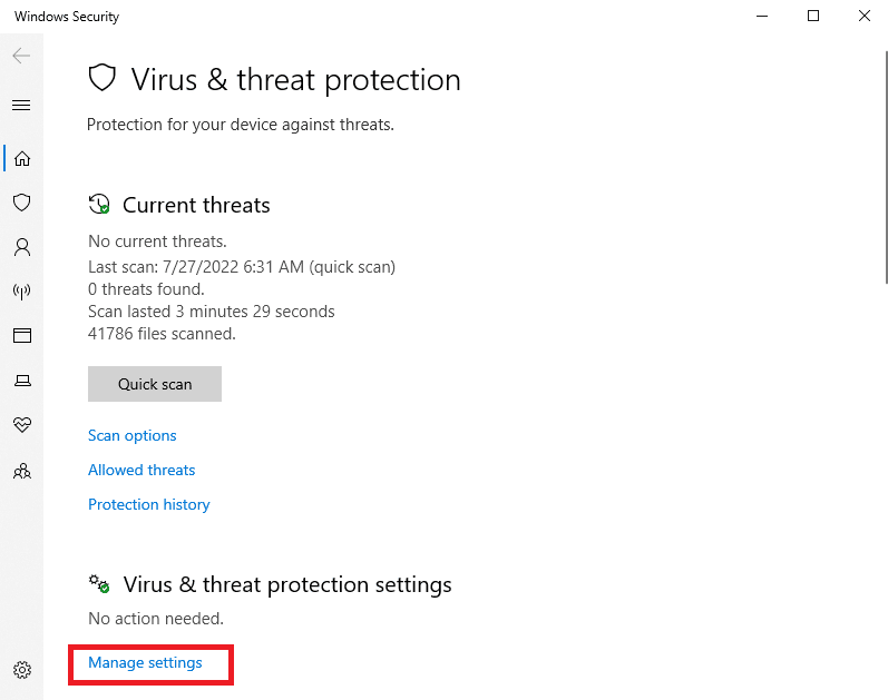 En la configuración de protección contra virus y amenazas, haga clic en administrar configuración. Solucionar el error de BitTorrent al que no se puede acceder al proceso en Windows 10