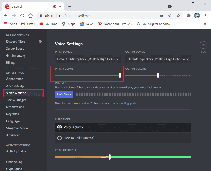 Under Voice Settings drag the input volume slider to a high value