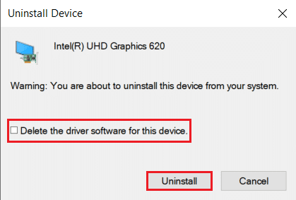uninstall device driver confirmation prompt intel UHD graphics driver