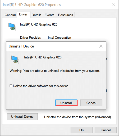 uninstall device driver warning. A warning dialog box will open, stating that you are about to uninstall the device from your system. Click on the Uninstall button.