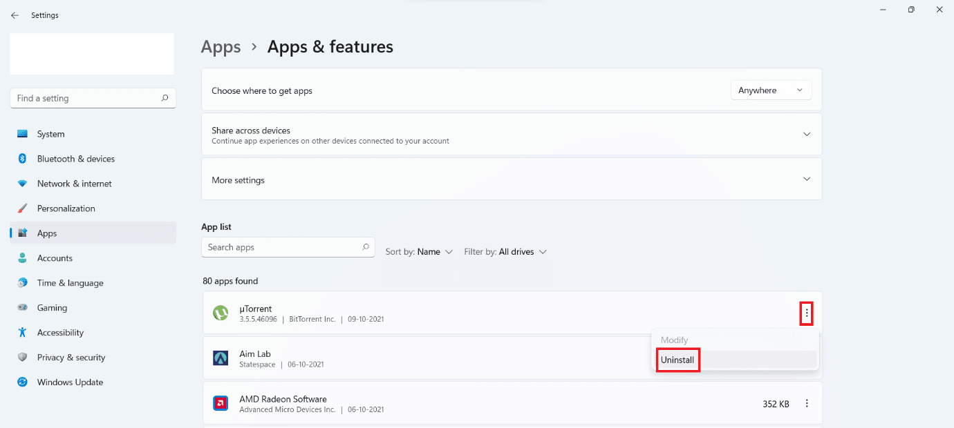 Uninstall option in Apps & features