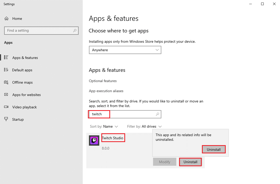 uninstall twitch in apps and features