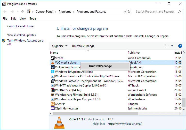 Uninstall unwanted programs from the Programs and Features window