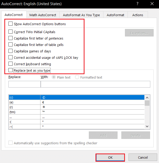 unselect all the options in AutoCorrect tab of Microsoft Word AutoCorrect Settings