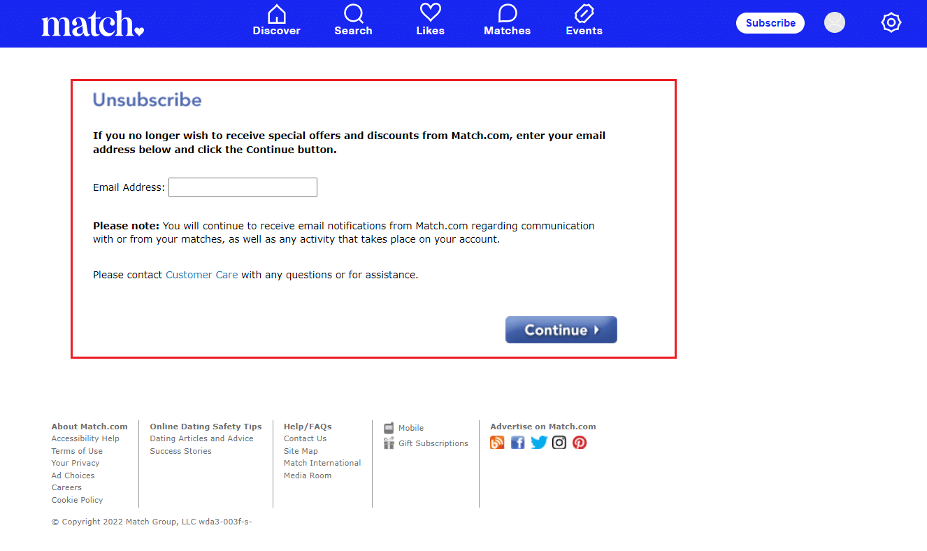 unsubscribe from the promotional email from match.com