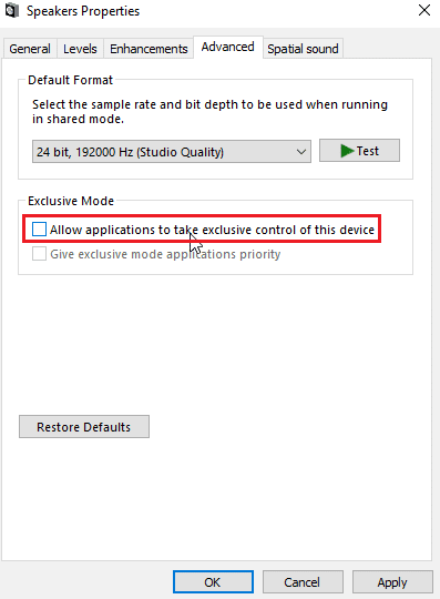 untick allow applicationsto take exclusive control of this device. Fix SADES Headset Not Recognised by Windows 10 Problem