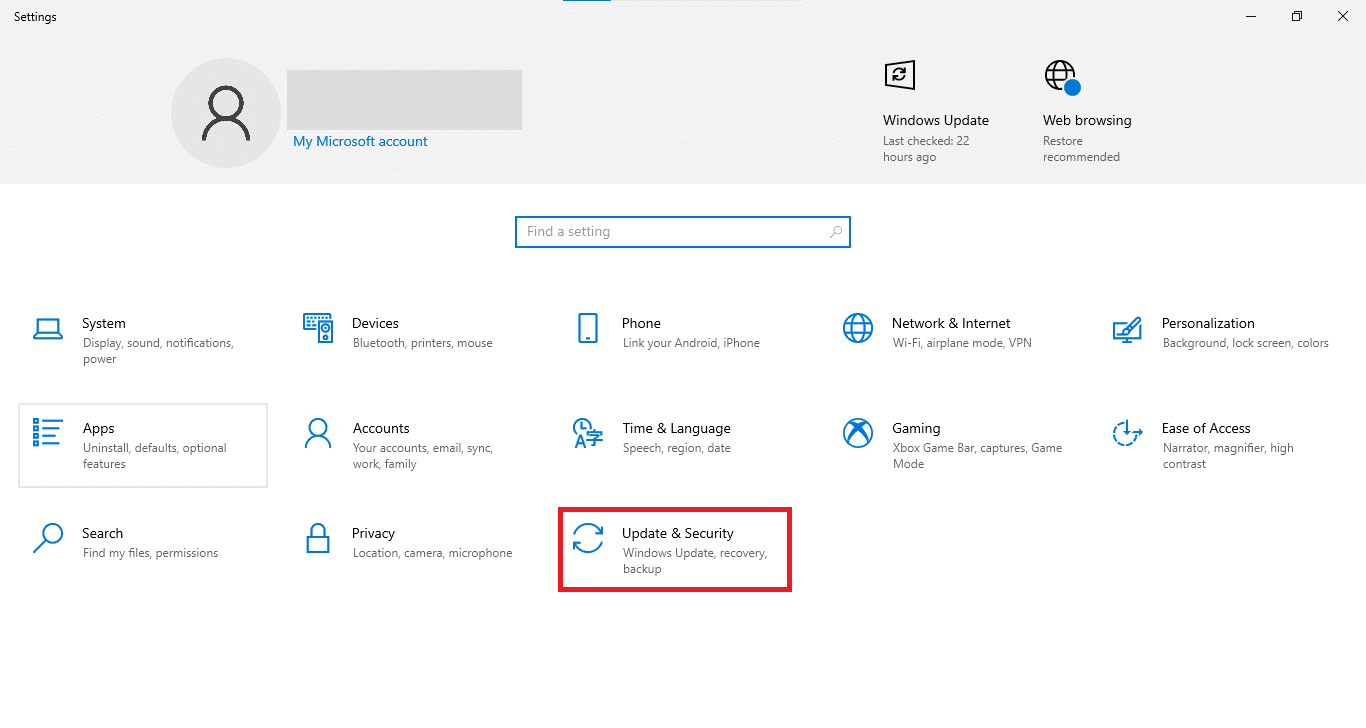 Update and Security in Settings windows