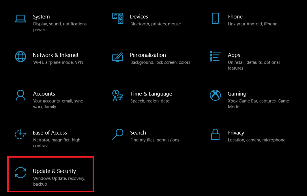 Opción de Actualización y Seguridad. Cómo cambiar el logotipo de inicio de Windows 10