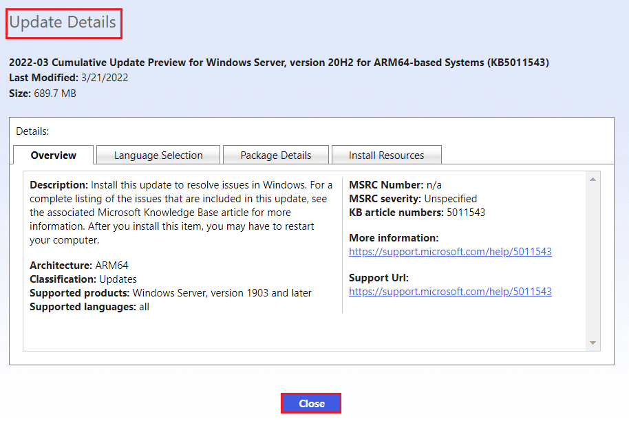 update details in Microsoft Update Catalog page
