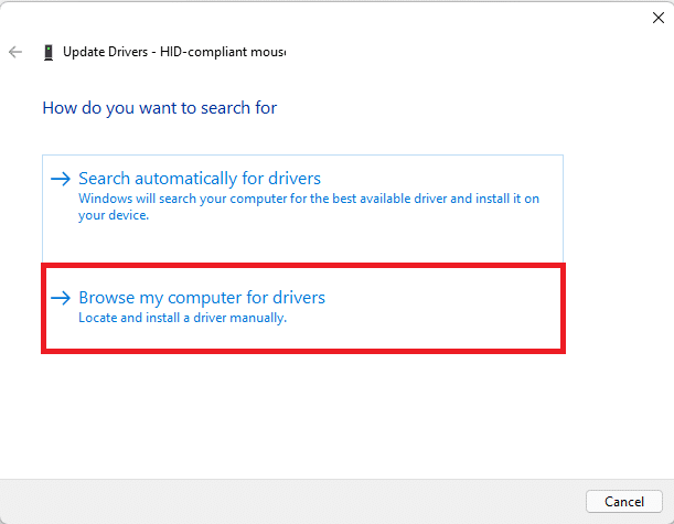 Select Browse my computer for drivers in Update drive wizard Windows 11