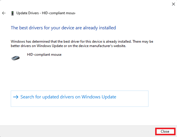 Select close button after updating driver in Update driver wizard Windows 11