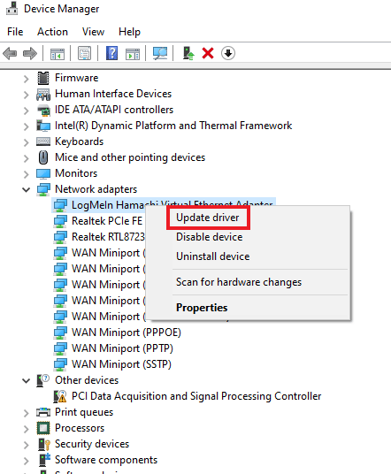 Update driver. Fix Hamachi VPN Error in Windows 10
