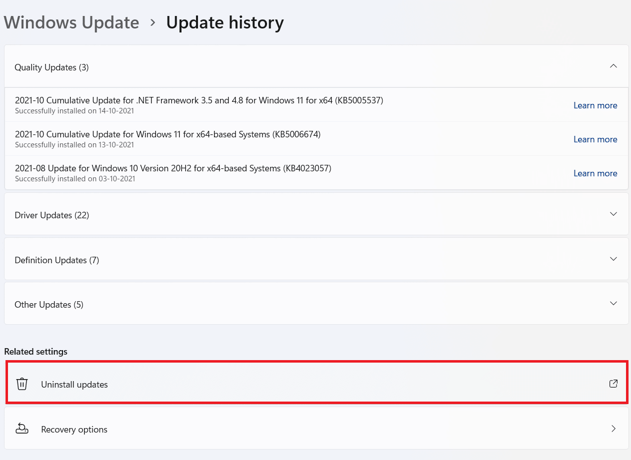 select Uninstall updates option in Update history Win 11