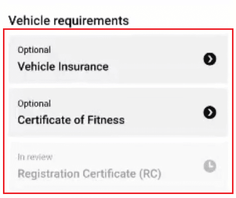upload the documents for Vehicle requirements