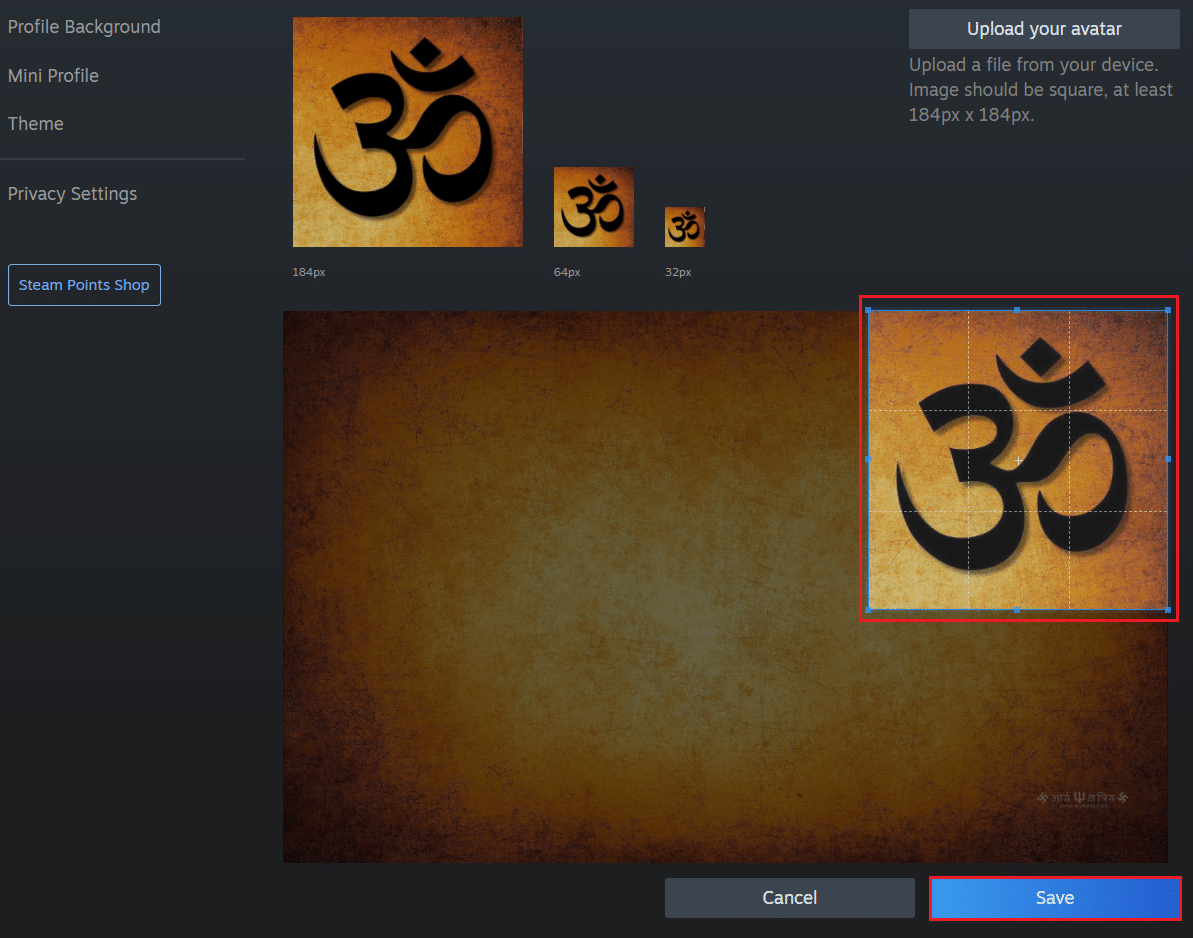 upload your avatar and click on Save button in Steam upload your avatar page on browser
