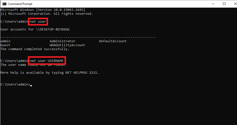 Use net user USERNAME to find password in command prompt