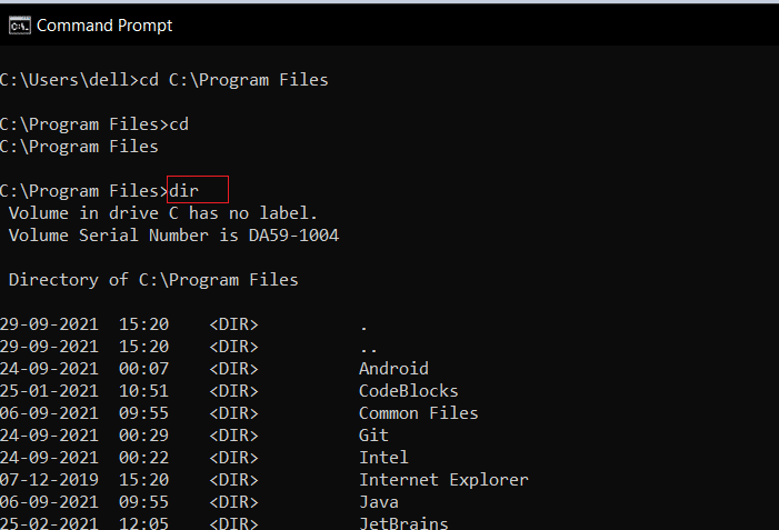 Use the command “dir” to view the subfolders. How to change directory in CMD Windows 10