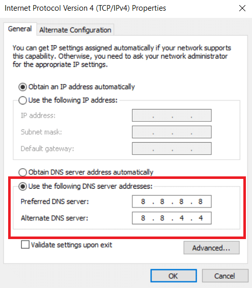 Use the following DNS server addresses option 