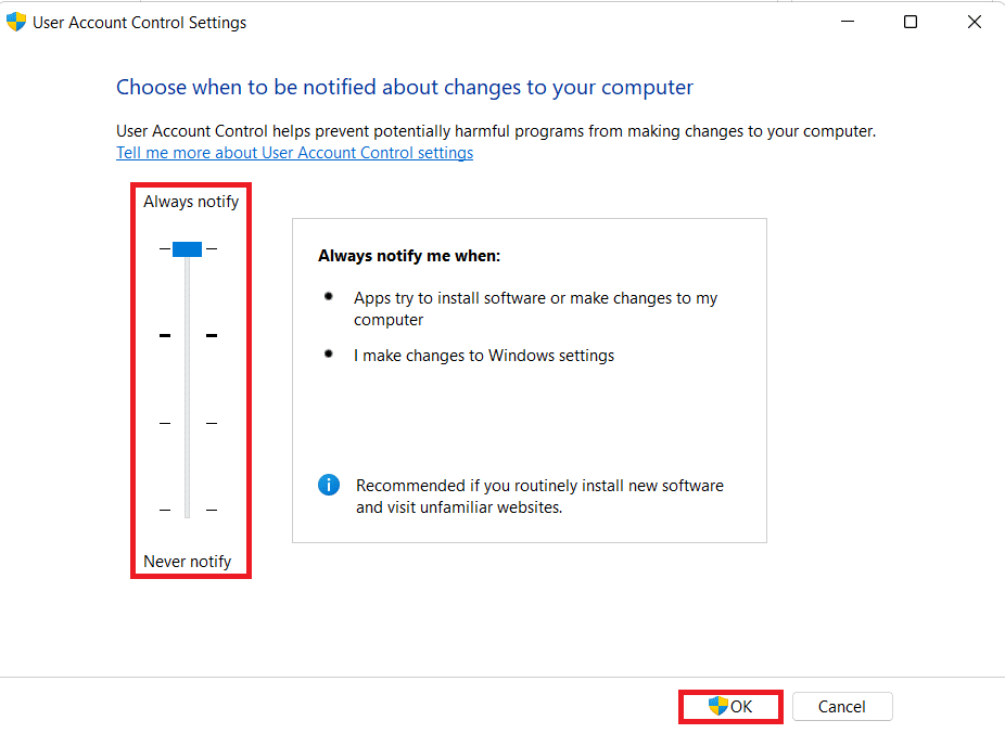 User Account Control settings. How to fix error 0x8007007f in Windows 11