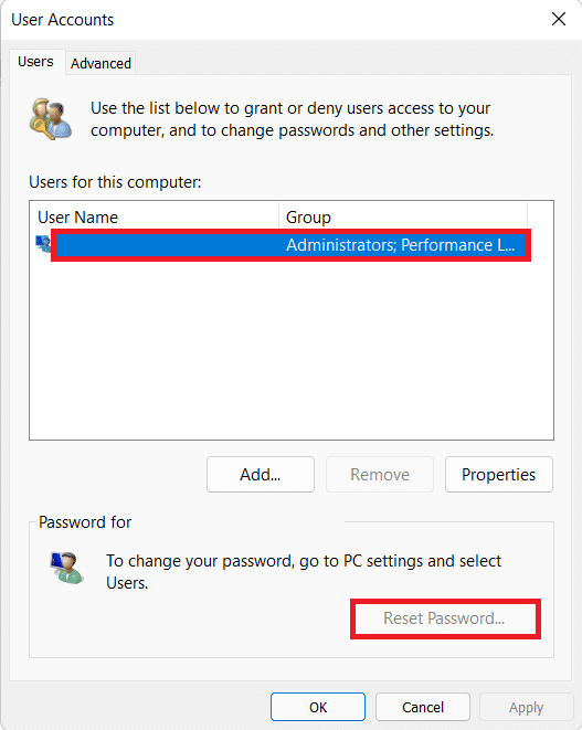 click on Reset in User account window