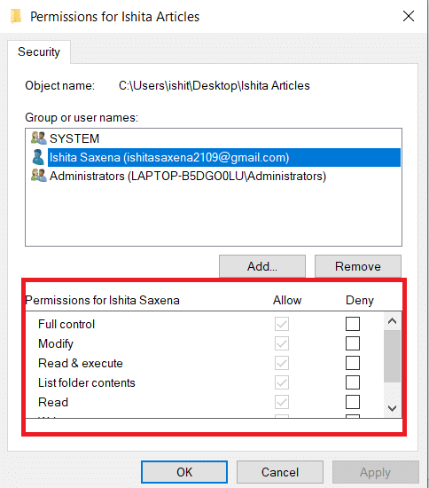 User permissions highlighted. How to Change File Permissions in Windows 10